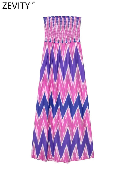Zevity Women Vintage Strapless Color Matching Tie Dyed Print Geometric Elastic Slim Midi Dress Female Chic Kimono Vestido DS4539