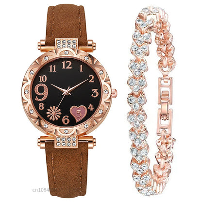 2/1PCS Fashion Heart Dial Women's Watches Luxury Leather Band Quartz Watch Rhinestone Bracelet Set Female Relogio Feminino