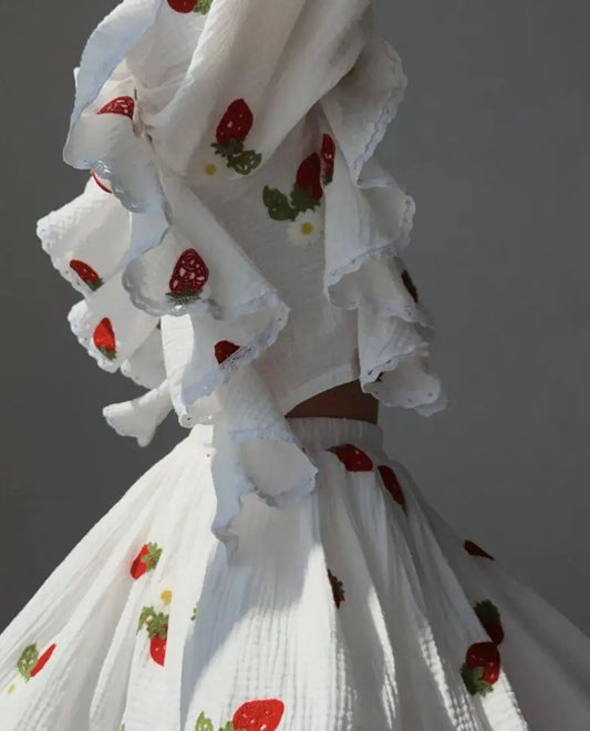 Spring And Summer New Fashion Ruffle Edge Long Sleeved Printed Shirt + Elastic Waist Short Skirt Set For Women,4 Colors