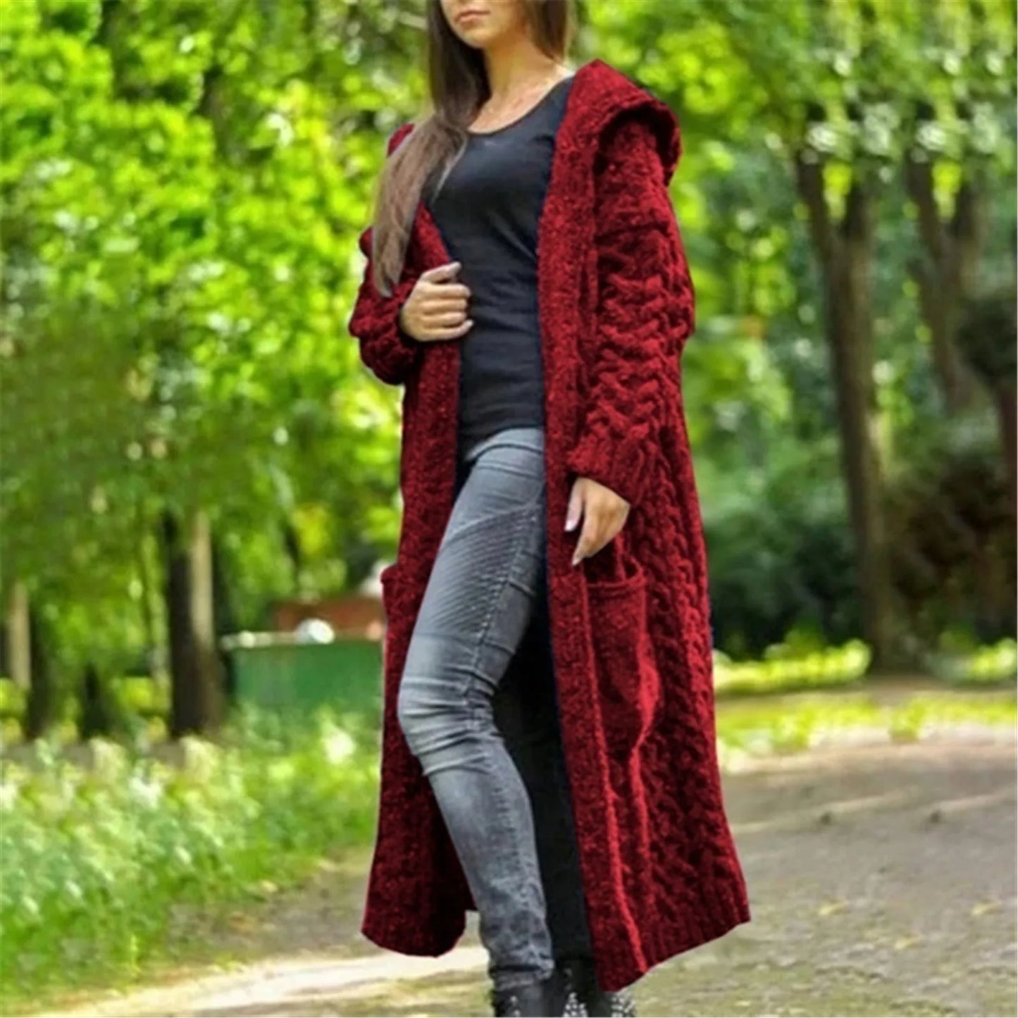 Long Sleeve Loose Cardigan Coat Solid Solid Sweater Winter Long Knitted Pocket Loose Women Cardigan Hooded Limited Sweater Women