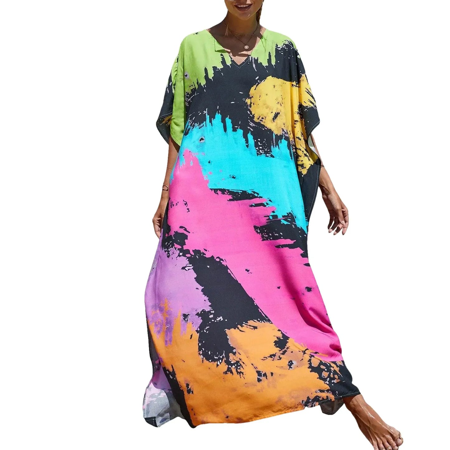 Womens Plus Size Kaftans Casual V Neck Puff Sleeve Boho Loose Floral Long Soft Beach Maxi Summer Swing Party Dresses For Women