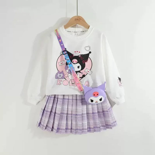 Kids Clothes Set Spring Autumn Children Kuromi Long Sleeved Sweater Tops+Checkered Pleated Skirt 2pce Teen Girls Preppy Clothing