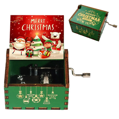 Merry Christmas Music Box Wooden Antique Carved Hand Cranked Classic Theme Music for Birthday Party Gifts Family Decoration