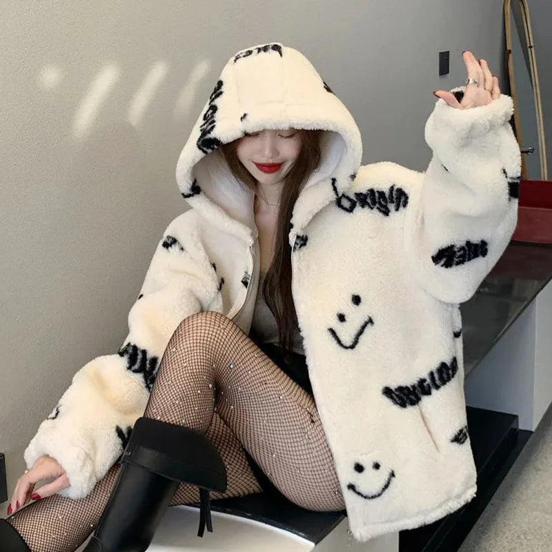 Jackets For Women 2022 Winter Cashmere Chic Printing Hooded Fashion Street Outerwear Sweet Casual College Women's jacket Coat