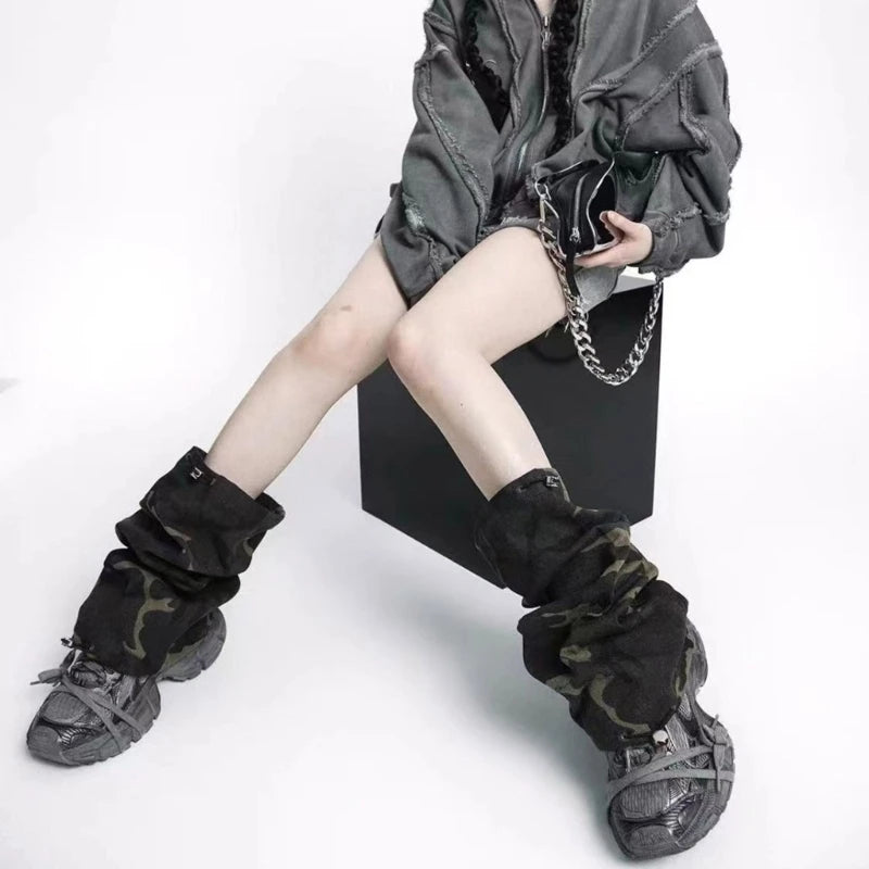 Women Harajuku Leopard Camouflage Leg Warmers Tiered Ruffled Knee Length Boot Cover Flared Footless Socks Streetwear 50cm/42cm