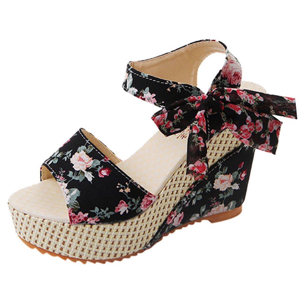 Heel Footwear Ladies Shoes Platform Floral Women's Lace-up Wedges Comfy Wedge Sandals For Women Dressy Sandals For Women