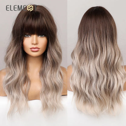 Element Medium Length Synthetic Straight Natural Brown Wigs with Side Bangs Heat Resistant Party Wigs for White/Black Women