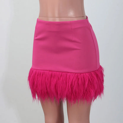 Pink Feather Spliced Skirts for Women 2024 Summer Women's Fashion Feather Tassel Short Skirt High Waist Slim Party Club Skirts