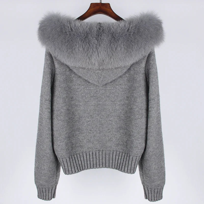 OFTBUY Real Fox Fur Kintwear Women 2025 New Spring Autumn Hooded Sweater Female Loose Zipper Kintted Jacket Oversized Cardigan