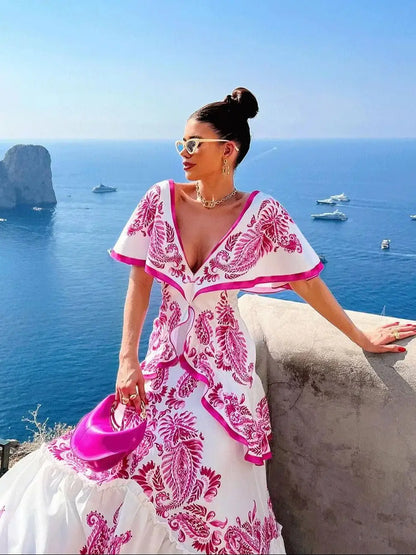 New Shadow Cap Midi Dresses Women Cloak Sleeves Dress V Neck Halter Boho Summer Party Evening Female Vestidos Robe Summer
