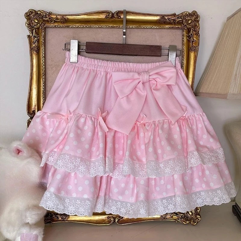 2026 Spring Japanese Cute T-shirts Women Casual Y2k Crop Top Kawaii Blouse and Mini Cake Skirts Outwear Lolita Vintage Tees Chic