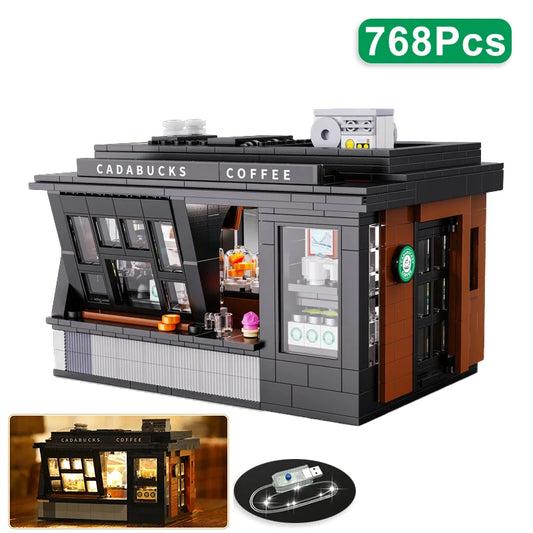 City 768Pcs Coffee Shop House With Led Lights Model Building Blocks Street View Cafe Store Assemble Bricks Toys Kids Adult Gift