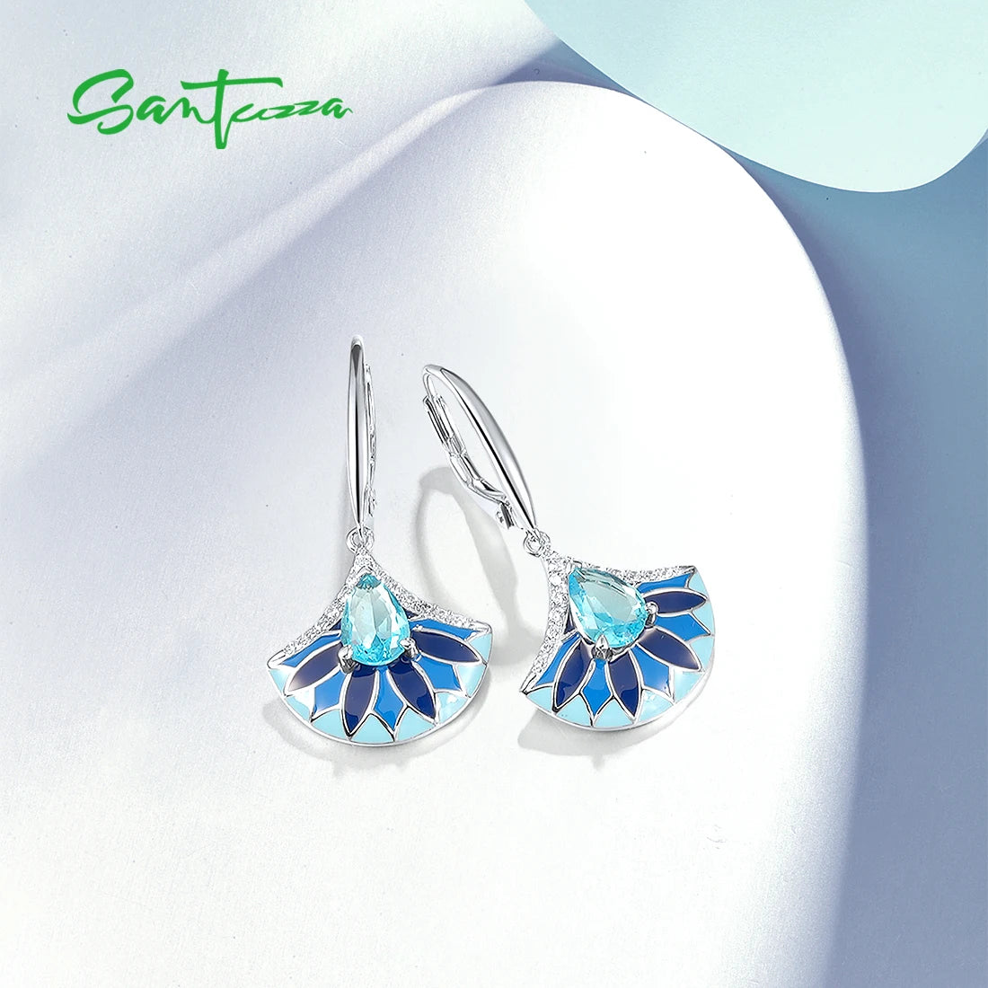 SANTUZZA Authentic 925 Sterling Silver Drop Earrings For Women Sparkling White CZ Blue Stone Fan Shape Chic Party Fine Jewelry
