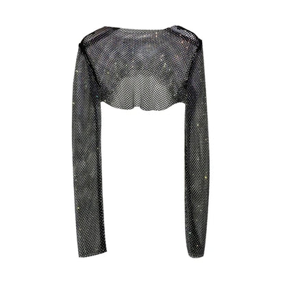 Women Colorful Rhinestones Long Sleeve Crop Top Sparkly Glitter Drill Shawls Shrug See Through Fishnet Cover Up Clubwear
