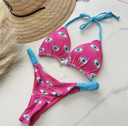 8 Colors) 2023 New Brazilian Women's Bikini Roped Swimsuit Set Split European And American Women's Printed Sexy Beach Swimwear