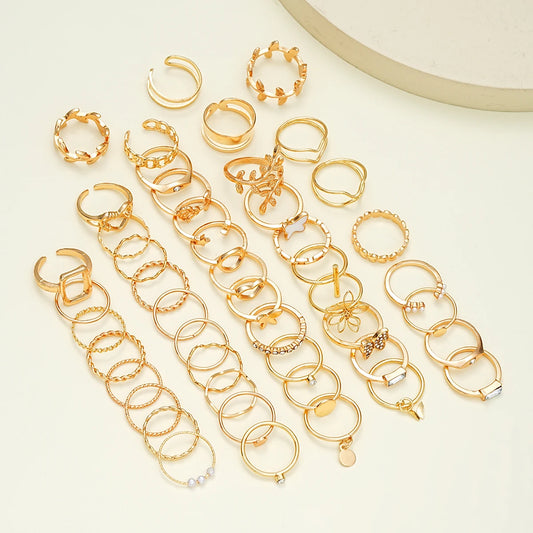 47Pcs/Set Vintage Gold Color Heart Rings Set For Women Men Hollow Butterfly Pearl Crystal Geometric Rings Trendy Finger Jewelry