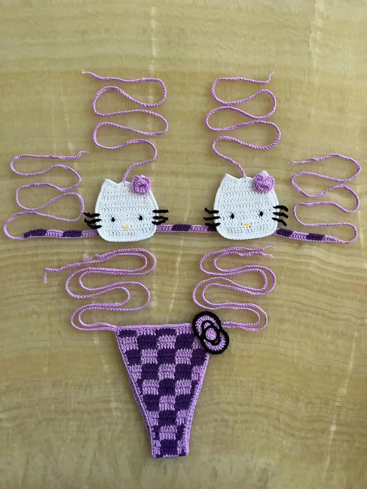 Sanrio Crochet Bikini Set Cute Girls Swimsuits Hello Kitty Sexy Bathing Suit Micro Ties Bikinis Beachwear Women Swimming Suit