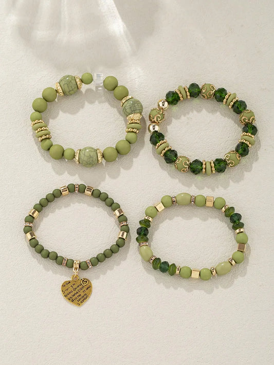 4Pcs Boho Crystal Beads Chain Bracelet Set For Women Vintage Heart Charm Elastic Bangle Female Fashion Party Jewelry