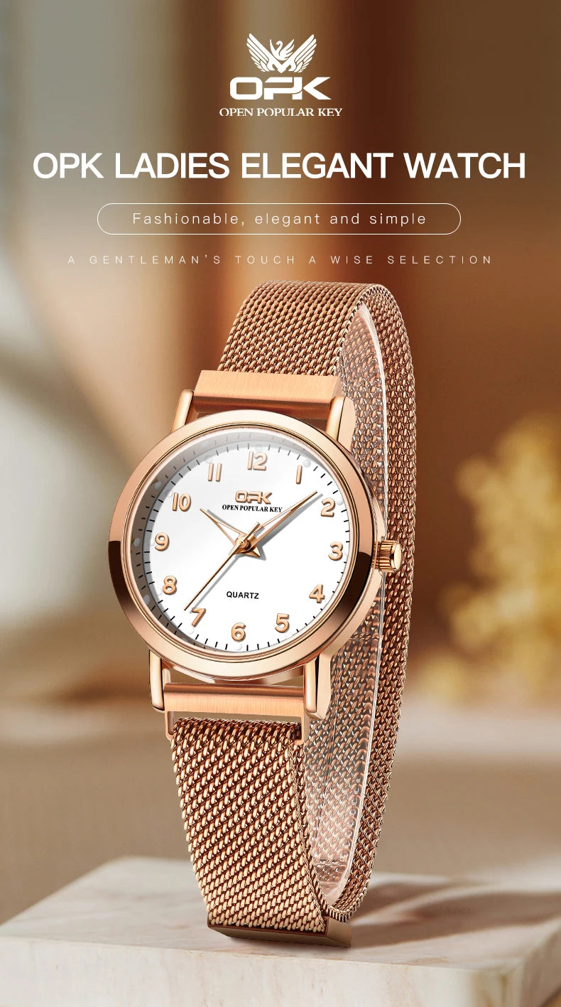 OPK 8115 Women's Watches Simple Fashion Oirginal Wristwatch for Female Stainless Steel Mesh Strap Waterproof Luminous Reloj