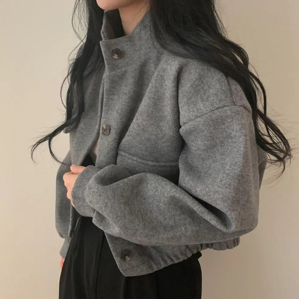 Autumn and Winter Loose Wool Coat for Women's Pocket Stand Collar Top Long Sleeve Button Hong Kong Style Wool Coat