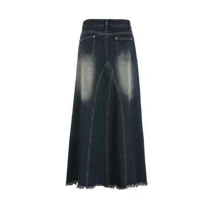 Vintage Denim Skirts For Women High Waisted Distressed Washable Blue A Line Dress High Street Style Fringe Hem Long Half Skirts