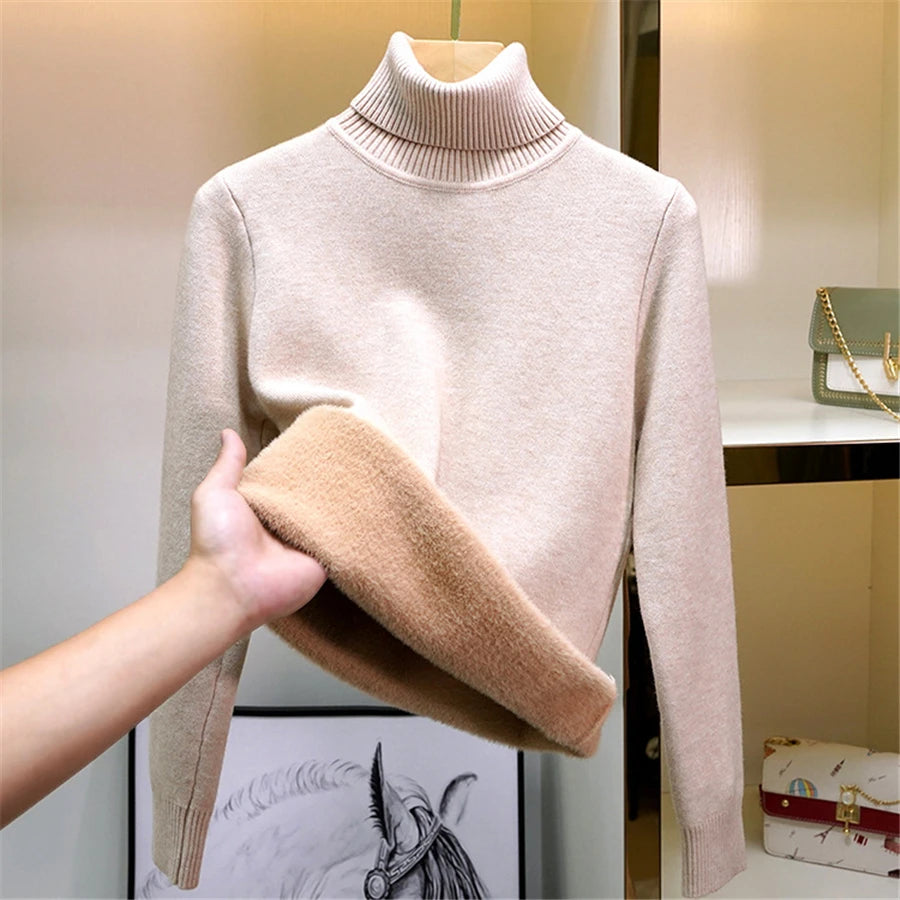 Sweater For Women Winter Thicken Turtleneck Slim Knit Pullover New Warm Plush Velvet Lined Knitwear Jumper Tops Casual Poleras