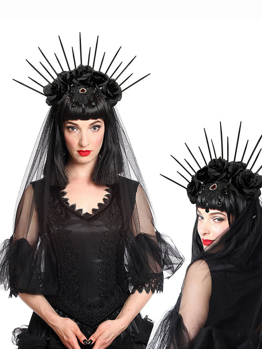 Gothic black rose veil headband featuring roses and spikes for a dramatic gothic look