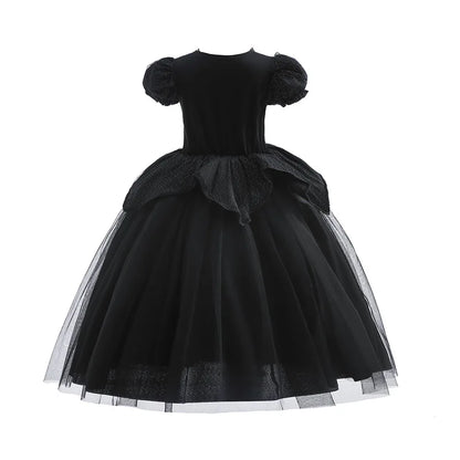 Halloween Costume For Kids Black Witch Dress Luxury Lace Sequin Evil Role Playing Costume Maleficent Dress Up Outfit Ghost Bride