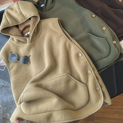 Lady Thermal Vest Women Side Button Closure Fleece Hooded Vest Solid Color Front Pocket Casual Top For Fall Winter