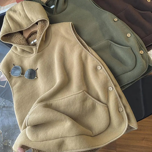 Lady Thermal Vest Women Side Button Closure Fleece Hooded Vest Solid Color Front Pocket Casual Top For Fall Winter