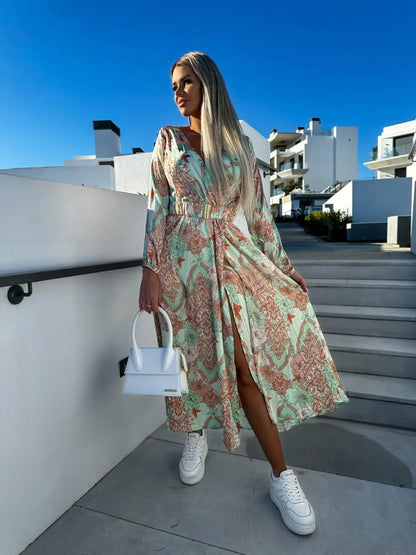 Autumn Women Floral Print Long Dress Elegant Sexy Deep V-Neck High Split Belted Dress Female Vintage Boho Long Sleeve Party Robe