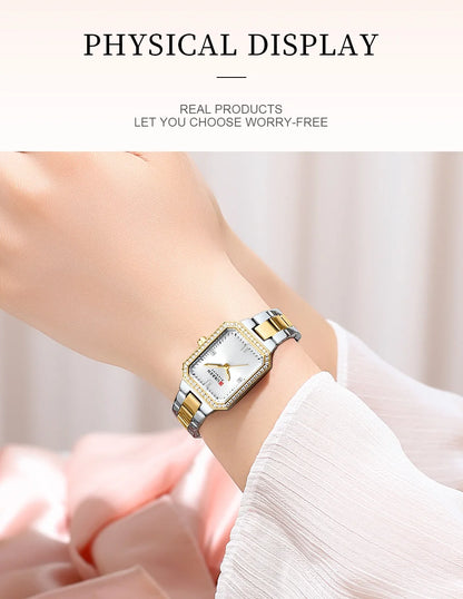 CURREN Luxurious Elegant Women's Watches Classic Rectangular Dial with Rhinestones Luminous Hands Waterproof