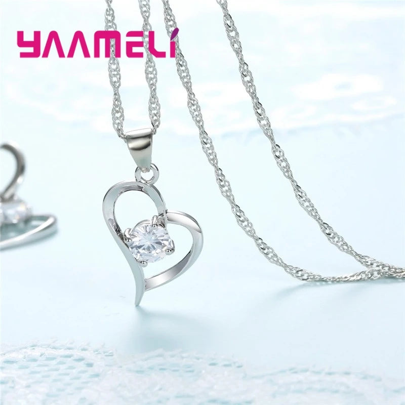 925 Sterling Silver Color Wedding Jewelry Sets for Women Love Heart Hollow Pendants Necklaces Earrings Clear Austrian Crystal