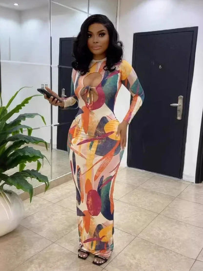 CM.YAYA Women Printed Cutout Front Long Sleeve O-neck Bodycon Midi Maxi Dress Evening Party Night Club Holiday Dresses Vestidos
