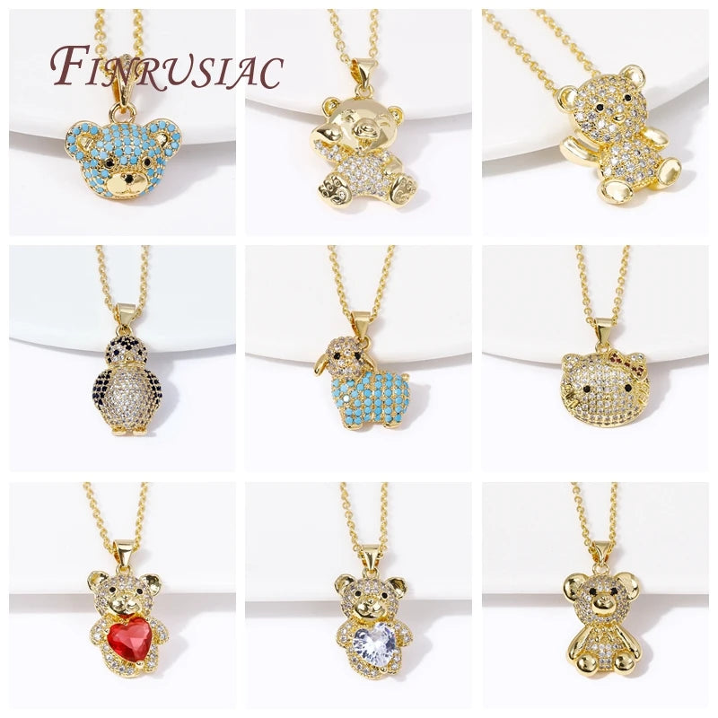 Fashion Creative Pendants Necklace Female 18K Gold Plated Pave Zircon Animal Bear Charms Necklaces for Women Christmas Gifts