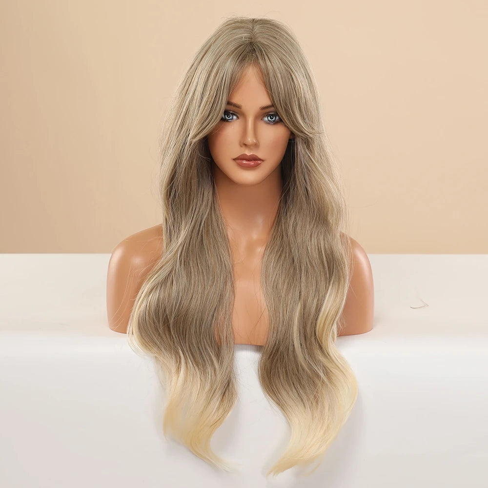 Element Medium Length Synthetic Straight Natural Brown Wigs with Side Bangs Heat Resistant Party Wigs for White/Black Women