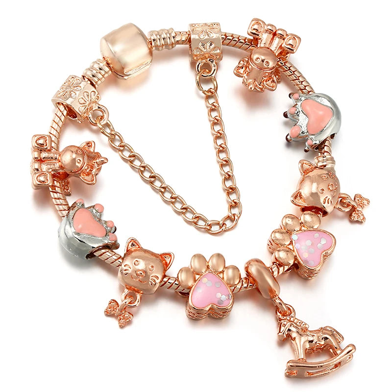 Spring Style Charms Bracelets For Women With Snake Chain Pink Daisy DIY Charms Beads Pendants Fashion Jewelry Dropshipping