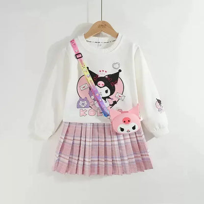 Kids Clothes Set Spring Autumn Children Kuromi Long Sleeved Sweater Tops+Checkered Pleated Skirt 2pce Teen Girls Preppy Clothing
