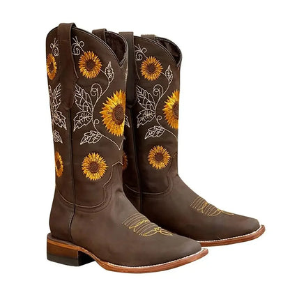New Women Coffee Brown Embroidery Boots PU Leather Printed Western Cowboy Boots Deep V-mouth High Tube Casual Boots Classic