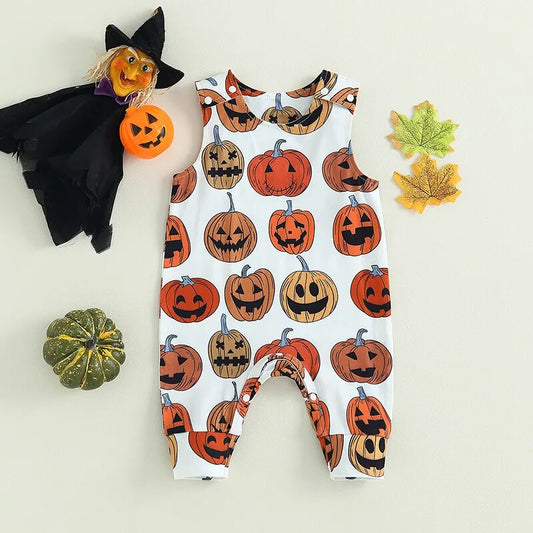 2023-06-25 Lioraitiin 0-18M Baby Girls Boys Rompers Halloween Clothes Pumpkin Print Crew Neck Sleeveless Newborn Jumpsuits