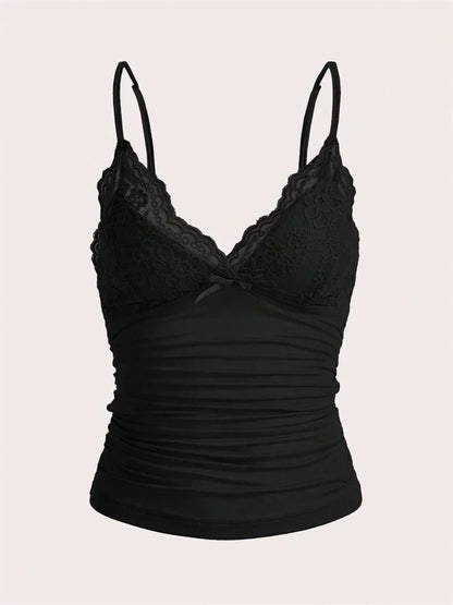 Sexy Contrast Lace Bow Front Crop Cami Top Women 2025 Summer Grunge Punk Y2K Clothes Ruched Skinny Backless Tee Shirt