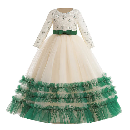 Christmas Kids Girls Green Dresses For Kids Long Sleeve Party Princess Clothes Costume 4-14 Yrs Elegant Wedding Evening Vestidos