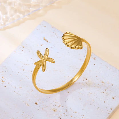 Exaggerated Metal Shell Starfish Flower Bangles Bracelets For Women Men Stainless Steel Fish Bow Heart Open Cuff Bangle Jewelry