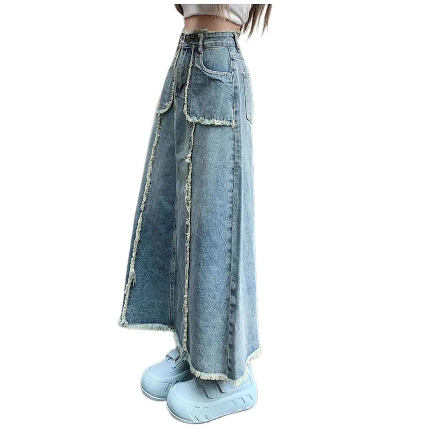 Retro High Waist Denim Skirt For Women Streetwear Y2k Korean Style Skirt Splicing Raw Edge Jeans With Pockets Large Size Skirt