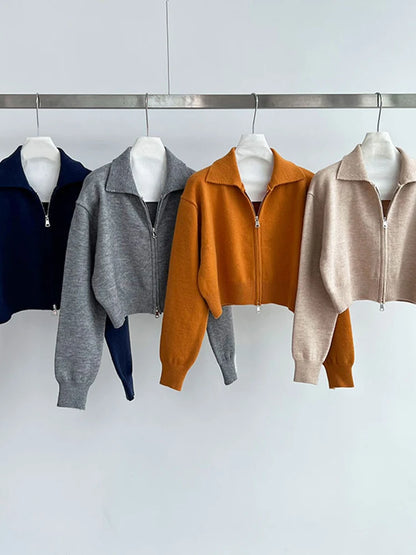 [EAM] Orange Big Size Casual Knitting Cardigan Sweater Lapel Long Sleeve Women New Fashion Tide Spring Autumn 2026 1DJ3315