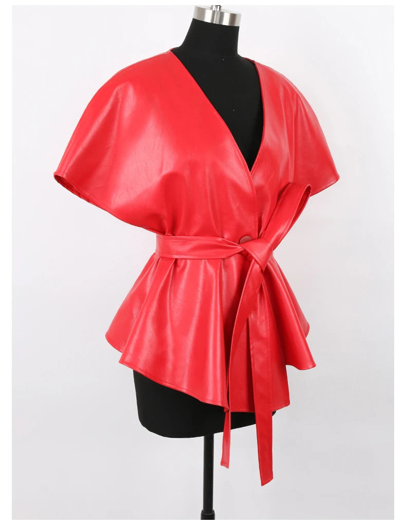 Nerazzurri Spring Short Red Faux Leather Vest Women Belt Runway Fashion Elegant Luxury Designer Clothes Sleeveless Jacket 2022