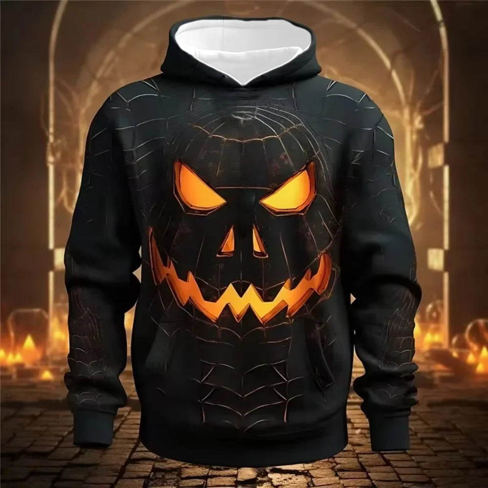 EtherealBe Halloween pumpkin hoodie for men with a spooky spider web design and glowing orange features