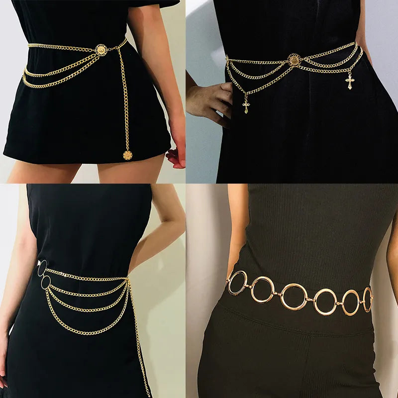 Fashion Round Brand Alloy Multi-Layer Exaggerated Body Chain 2023 New Women Queen Head Retro Street Snap Beam Party Waist Chain