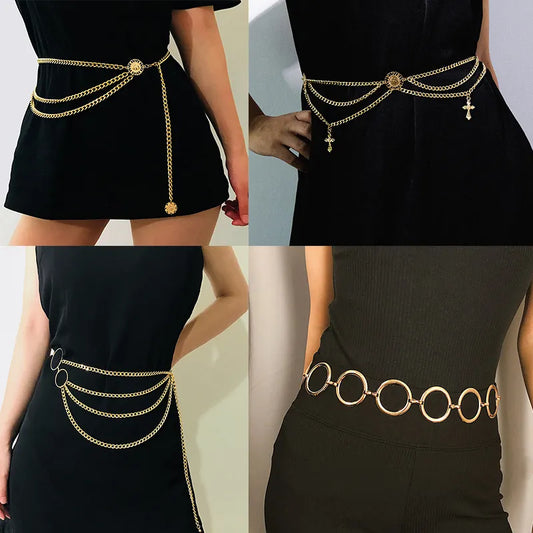 Fashion Round Brand Alloy Multi-Layer Exaggerated Body Chain 2023 New Women Queen Head Retro Street Snap Beam Party Waist Chain