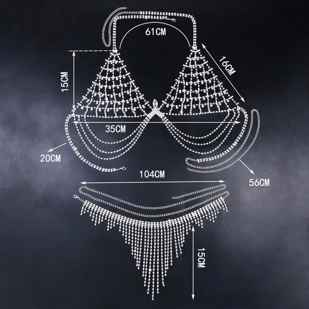 Sexy Rhinestone Bra And Thong Set For Women Bikini Nightclub Prom Body Chain Mesh bra tassel Underwear Hollow Jewelry